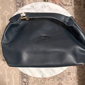 Longchamp Dark Navy Pebbled Leather Shoulder Hobo with Gold Accents